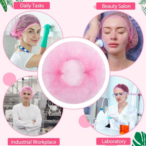 Cptoion 100 Pieces Non-Woven Hair Nets,Disposable Bouffant Caps,20 Inch Elastic Head Cover,Pink Disposable Hair Nets,Hair Net for Food Service,Beauty Salon Cosmetics Spa Men & Women(Pink)