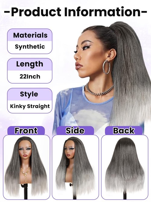 catti Half Wig Yaki Straight Ombre Black Grey Synthetic Hair 3 in 1 Kinky Straight Wigs Flip Drawstring Wig Glueless Wigs Ready to Go Headband Wig for Women 22 Inch