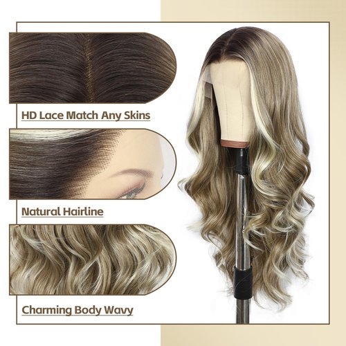 BABEHERS Ash blonde Lace Front Wig for Women 13x4 Body Wave Synthetic lace Front Wigs Omber Pre-plucked Long Wavy 150% Density Heat Resistant Hair Daily Use 26 Inch