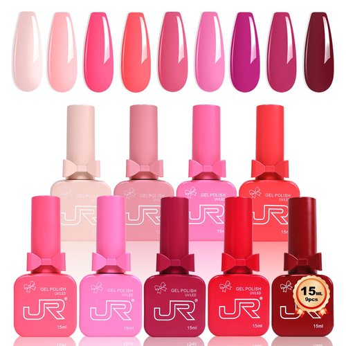 JR 9pcs 15ml Gel Nail Polish Set Red Nude Pink Gel Polish Kit Nude Pink Gel Polish Nail Art Manicure Salon DIY Soak Off UV LED Nail Gel Kit DIY Art Manicure
