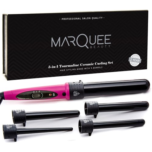Marquee Beauty Professional Salon 8 Piece Flat And Curling Iron Set, 5 Interchangeable Ceramic Tourmaline Barrels, Heat Protectant Glove (Pink)