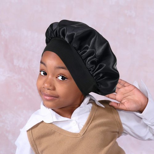SENGTERM Kids Satin Bonnet Double Layer Wide Elastic Band Sleep Cap Hair Bonnet Silky Night Cap for Toddler Child (Kids Black&Pink)