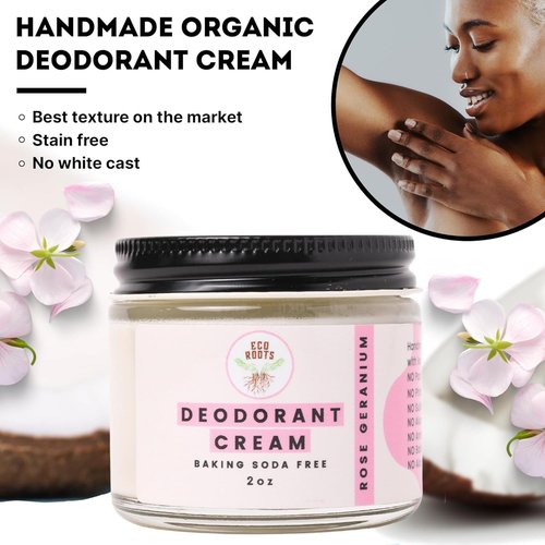 ECO ROOTS Natural Deodorant Cream - Organic & Vegan, Baking Soda Free | Rose Geranium Scent