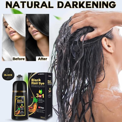 IIIMEIDU Black Hair Dye Shampoo - 3-in-1 Formula for 100% Gray Coverage | Natural Herbal Ingredients, 500ml