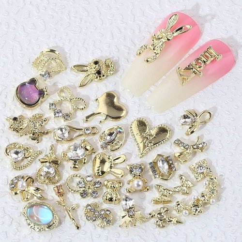 30pcs Random Gold Nail Charms Luxury Zircon Nail Rhinestones 3D Alloy Flower Butterfly Nail Art Charms Metal Snake Rabbit Heart Charms for Nails Mix Styles Nail Gems Nail Jewels for Nail Art Supplies