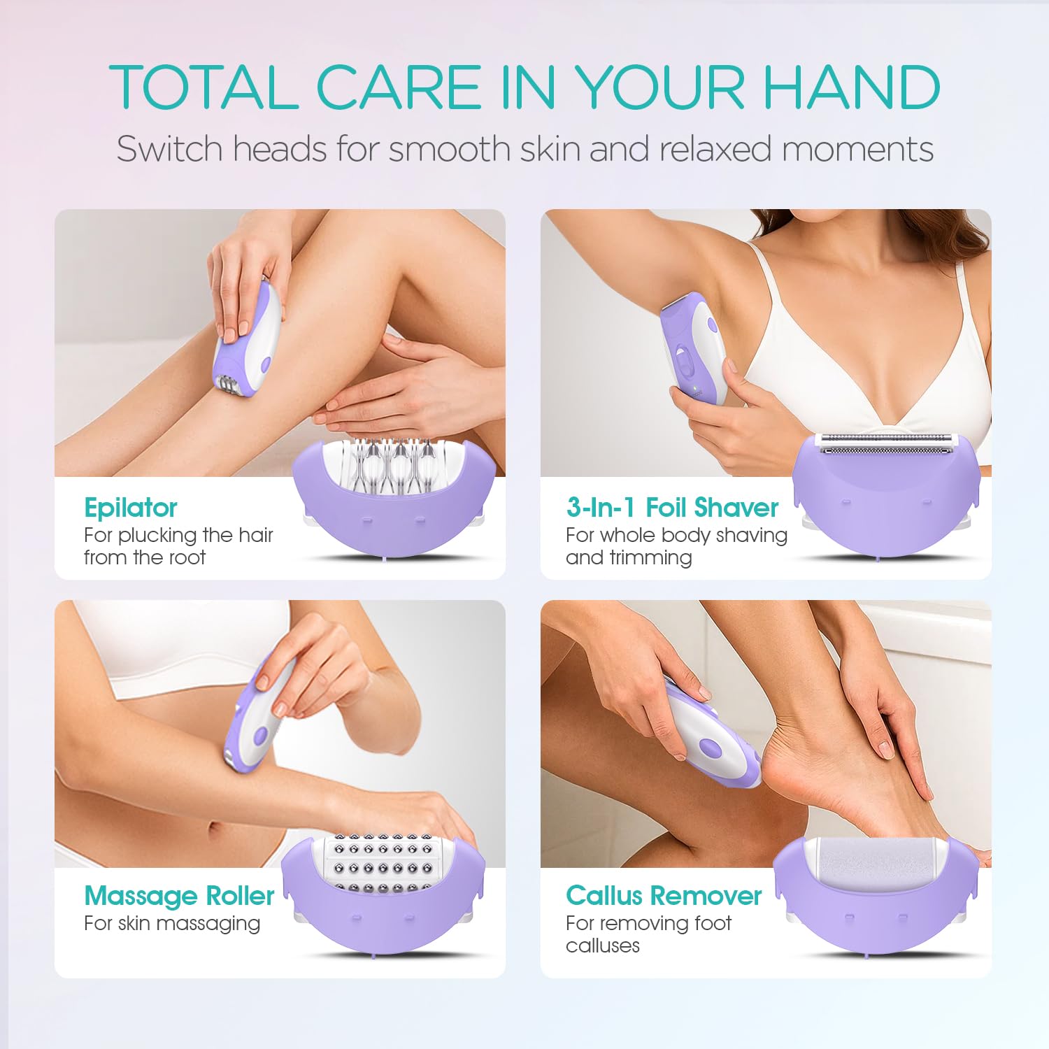 VOGOE Epilator for Women-Cordless Epilators Hair Removal for Women, 4-in-1 Electric Razor Hair Remover, 2 Speeds & 21 Tweezers for Face Legs Arms Armpit Bikini, Purple HR310