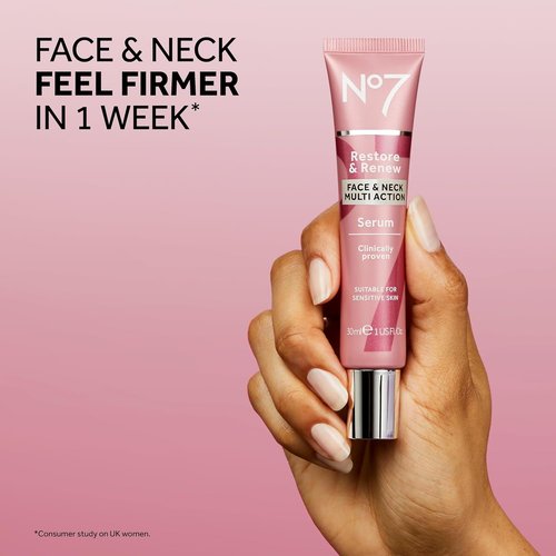 No7 Restore & Renew Multi-Action Face & Neck Serum - Anti-Aging Formula for Deep Wrinkle Repair - Collagen & Hibiscus Peptides (2.5 Fl Oz)