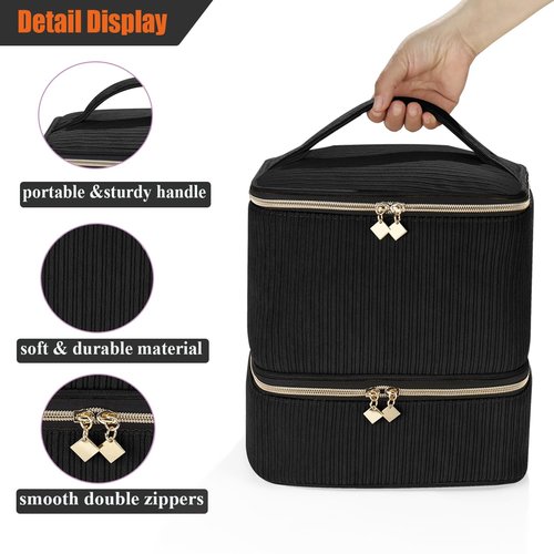 Corduroy Nail Polish Organizer and Nail Lamp Case, Nail Kit Organizer Holds 30 Bottles (15ml - 0.5 fl.oz) and a Nail Lamp, Nail Polish Carrying Case with Manicure Tools Storage Sections (Black)