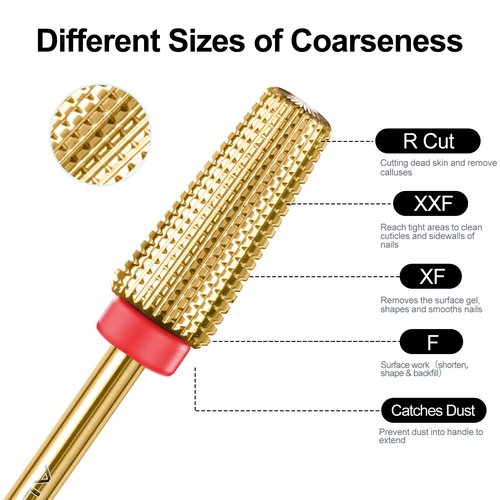 Tungsten Nail Drill Bits 5 in 1 Carbide Nail Drill Bits for Acrylic Hard Gel Cuticle Remove 3/32'' Universal Bits for Efile Nail Drill Machine Manicure Pedicure Salon (Gold Fine Straight Cut x2)