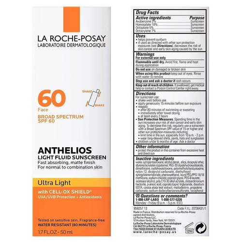 La Roche-Posay Anthelios SPF 60 Light Fluid Sunscreen - Lightweight, Oil-Free & Travel Size 1.7 Fl. Oz.