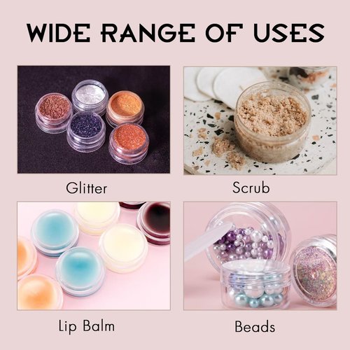 100 Count 5 Gram Sample Containers, Clear Lip Balm Containers with Lids, Small Plastic Sample Jars with 8 Mini Spoons, 100pcs Labels (Pink Lid)