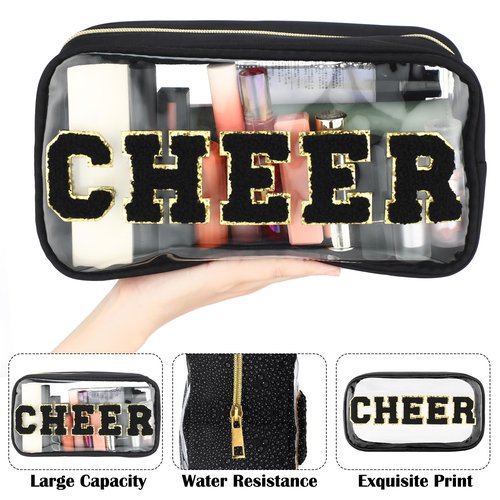 Abbylike Cheer Clear Makeup Letter Bag Cosmetic Zipper Cheers Pouch Chenille Patch Cheerleader Gifts Preppy Cheer Nylon Handmade Toiletry Bags for Women Girls Gifts (1, Black)