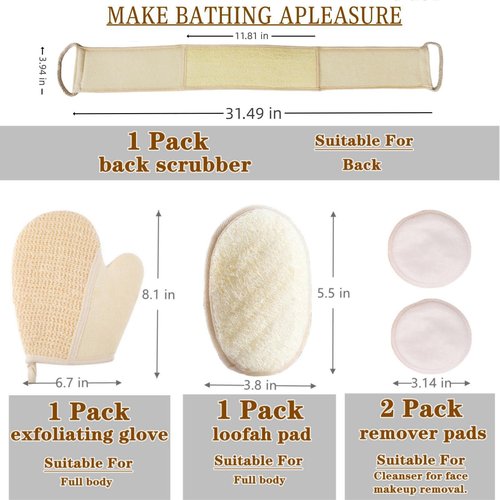 Exfoliating Natural Loofah Sponge Back Scrubber for Shower, 5 Pack Loofah Sponge Pads & Exfoliating Glove, Bath Shower Scrubber for Men and Women