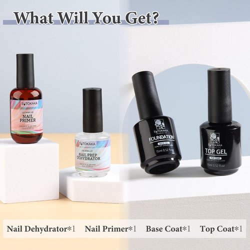 SUTOKAKA 4Pcs 15ml No Wipe Top and Base Coat Set with Nail Dehydrator and Primer X-Strength for Gel Polish Long Lasting Nail Bonding Strengthening Kit for Women