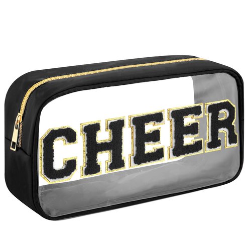 Abbylike Cheer Clear Makeup Letter Bag Cosmetic Zipper Cheers Pouch Chenille Patch Cheerleader Gifts Preppy Cheer Nylon Handmade Toiletry Bags for Women Girls Gifts (1, Black)