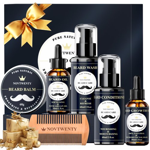 NOVTWENTY Beard Growth Kit - 7 Pc Kit, Includes Wash, Oil, Conditioner, Balm, Comb, Gift Box Set for Men