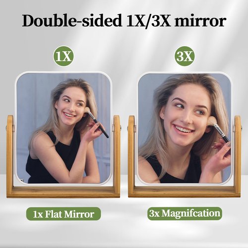 Esayendder Desk Mirror,Mirror for Desk,1X/3X Magnifying Double-Sided 360°Flippable Vanity Mirror,Makeup Mirror,with Natural Bamboo Stand-White