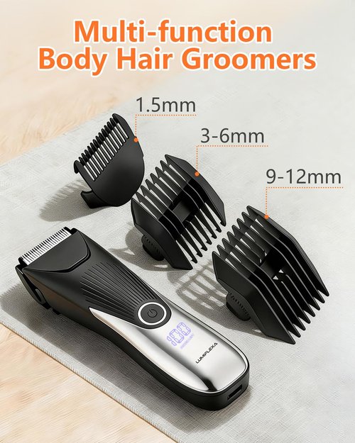 Lumiflexa Body Hair Trimmer, LED Display, 6500 RPM Motor Manscaper for Men, 3 Adjustable Combs, USB & Dock Charging, IPX7 Waterproof Body Hair Groomers, Wet or Dry Use for Groin/Legs/Chest