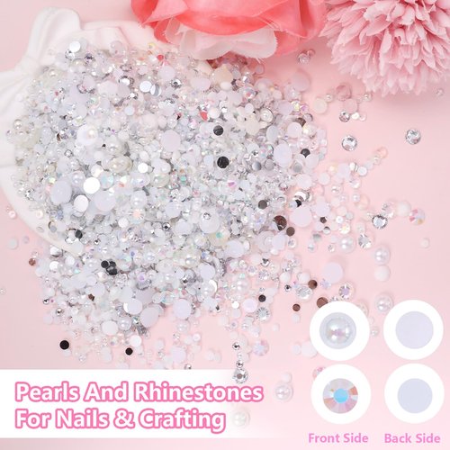 Pearls and Resin Rhinestones for Crafting, 28 Grids White Bedazzling Gems Kit 3/4/6/8mm Half Pearls, 3/4/5/6mm Jelly Resin Rhinestones for Nails Face Eyes Makeup Crafts