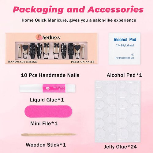 Sethexy French Long Coffin False Nails Handmade Glossy Acrylic Luxury Fake Nails 3D Black Bow Love Heart Bear Press On Nails Checkerboard Salon Quality Nail Removable for Women and Girls 10Pcs（U）