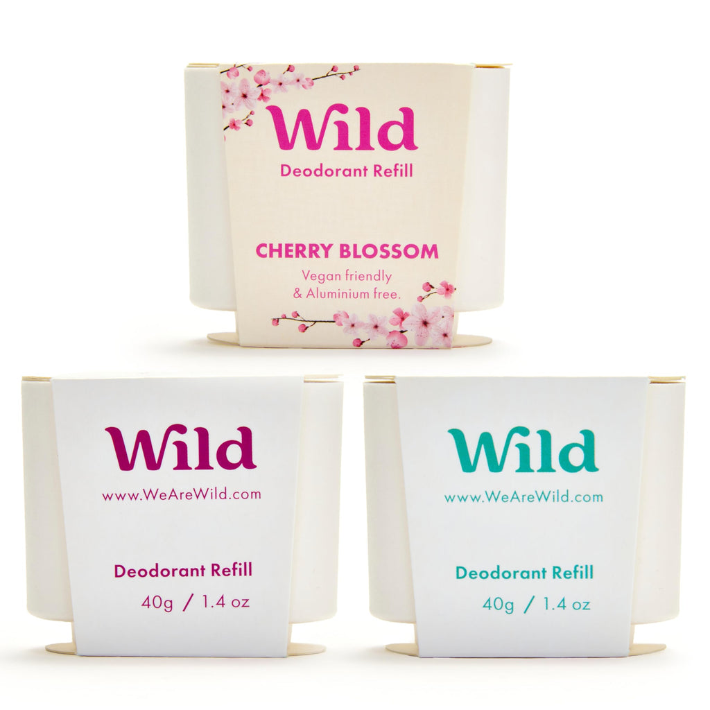 Wild Aluminum Free Refillable Deodorant Variety Pack for Men & Women - 98% Natural Ingredients - Includes Fresh Cotton & Sea Salt, Cherry Blossom, Coconut & Vanilla Scents - Long Lasting Protection