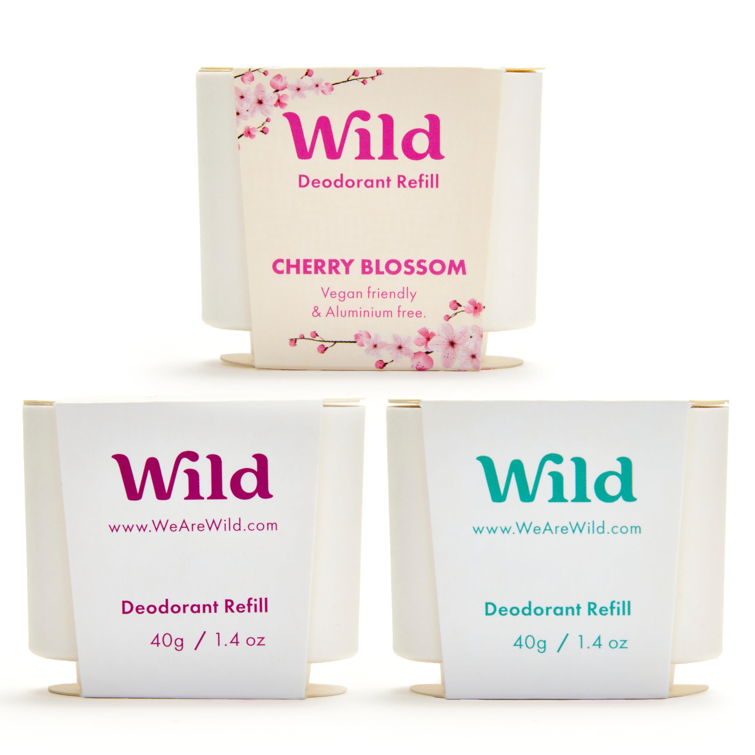 Wild Aluminum Free Refillable Deodorant Variety Pack for Men & Women - 98% Natural Ingredients - Includes Fresh Cotton & Sea Salt, Cherry Blossom, Coconut & Vanilla Scents - Long Lasting Protection