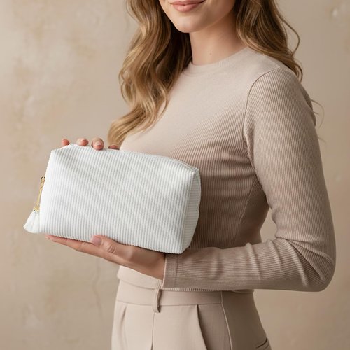 DYSHAYEN Makeup Bag Travel Cosmetic Bag Organizer Tassel Large Corduroy Zipper Pouch, Bridesmaid Gift for Wedding Party (White)