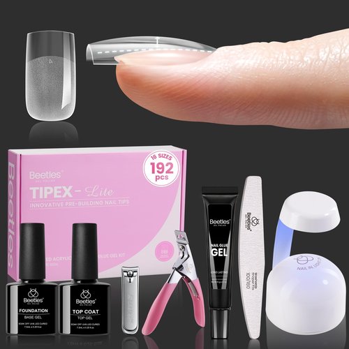 Beetles Tipex Lite Apex Nail Tips Kit, Square Short, 192pcs 16 Sizes,with UV Nail Glue, Base & Top Coat, Mini Nail Lamp, Nail Clipper & Cuticle Nipper,Pre-Building Pre-Etched Acrylic Tips Kit