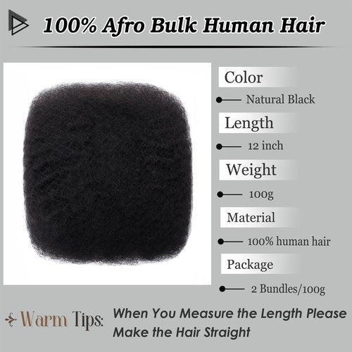 Haftaluv Afro Kinkys Bulk Human Hair 12 Inch 100g Nature Black Afro Kinky Curly Human Hair Bulk for Dreadlock Extensions, Micro Locs, Braiding Twists, Braids and Repair Locs(12 Inch, 1b#)