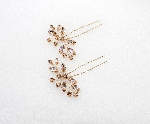 Faship Gorgeous Champagne Rhinestone Crystal Floral Hair Pins Accessories 2 Pcs