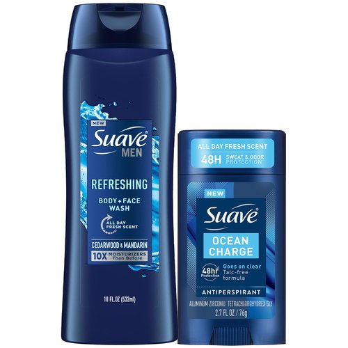 Suave Men’s Body Wash, Refresh + Invisible Solid Ocean Charge Antiperspirant Deodorant Stick, 48H Sweat & Odor Protection (2 Piece Set)