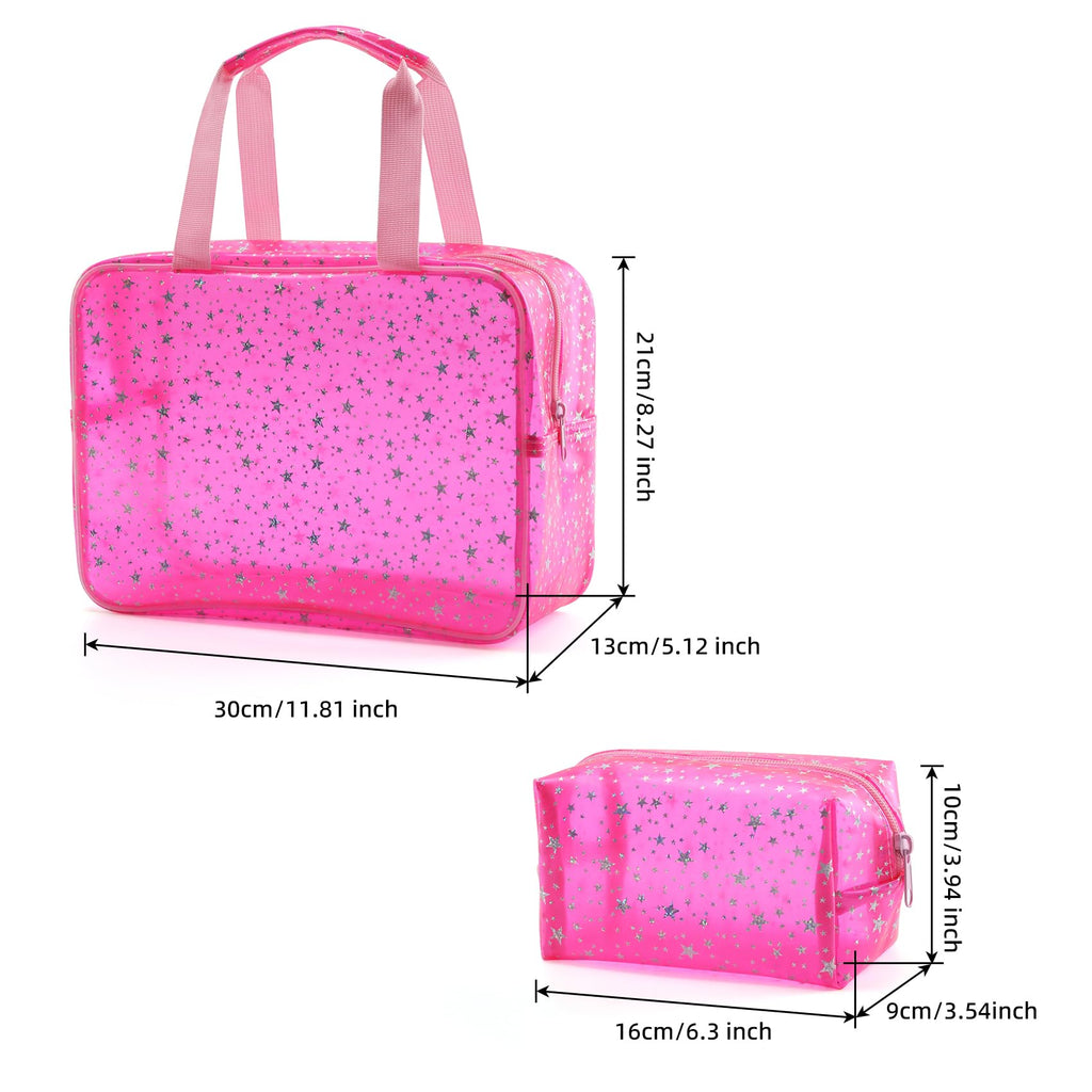 Yaopeing 2Pcs PVC Clear Makeup Bag Organizer for Women,Star Transparent Cosmetic Case Travel Toiletry Pouch with Zipper,Large Make Up Purse for Daily Accessory,Pink