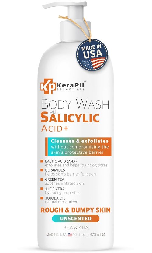 KERAPIL Exfoliating Body Wash - Salicylic Acid Formula for Smooth Skin | Unscented, 16 fl oz