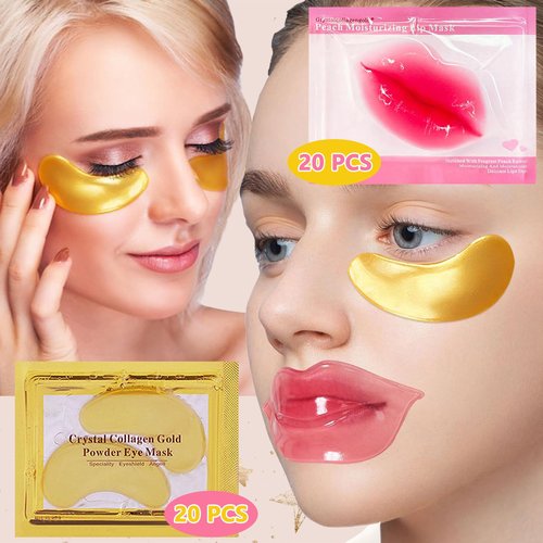 TIRDET 40 Pairs Lip Mask & Eye Mask, 24K Gold Gel Crystal Collagen Under Eye Patches for Puffy Eyes, Dark Circles, Bachelorette Party Favors, Wrinkles and Fine Lines, Galentines Day Gifts