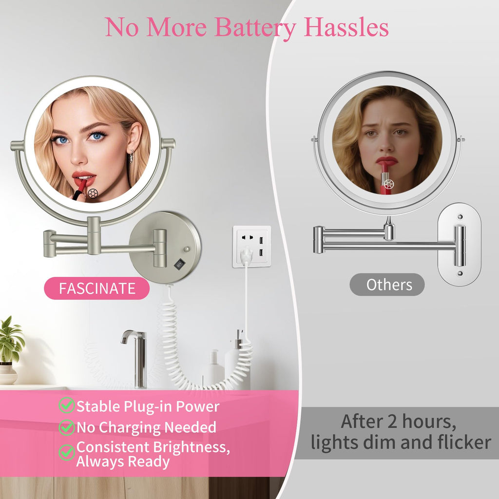 Wall Mounted Makeup Mirror with Lights, 30X/1X Double-Sided Magnifying, Plug-in Lighted Vanity Mirror with 3 Color Modes, Dimmable Brightness, 360° Swivel Extendable Arm for Bathroom & Grooming
