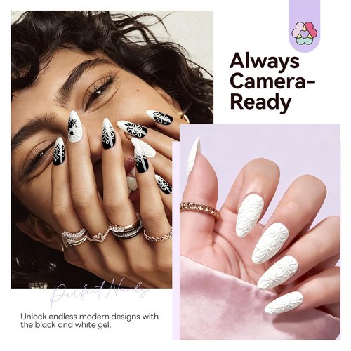 SAVILAND 3D Sculpture Nail Gel Set: Black & White No-Wipe Creamy 3D Sculpting Painting Gel for Micro Embossed 3D Nail Art Molding Florals Lines Patterns & French Tips Design Home DIY Salon Manicures