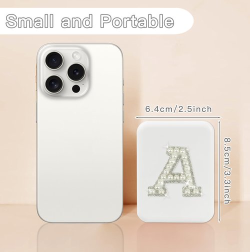 Aganmi Travel Essentials Accessories Personalized LED Pocket Mirror Pearl Letter 1X/2X Magnification Small Travel Makeup Mirror with Lights Folding Compact Mirror for Women Teen Girl White S