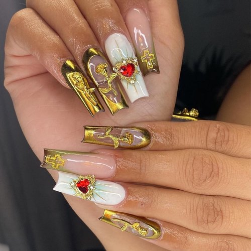 Gehaiwo 96PCS Gold Nail Charms for Acrylic Nails,Alloy Red Heart Cross Rose Flower Angel Frame Nail Decoration,Nail Art Rhinestone Nail Gems Nail Jewels Accessories for Nail Art Supplies DIY Nail