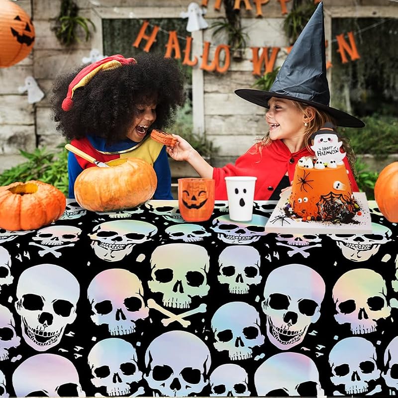 Halloween Skull Tablecloth Disposable 3 Pack - Iridescent 54 x 108 Inch Party Cover