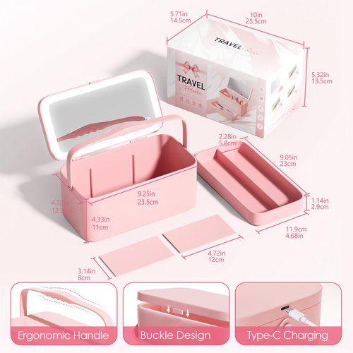 Bdjso Makeup Case with Mirror and Light - Portable Cosmetic Box Rechargeable with 3 Color Mode and DIY Partitions for Women Girls (Pink B)