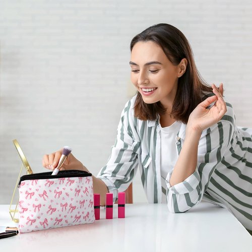 Kacctyen 9 Pcs Pink Bow Makeup Bag for Women Coquette Cosmetic Bag Bulk Preppy Pouch Coquette Gift with Zipper for Birthday Paty Favor Girls Travel Storage Accessories