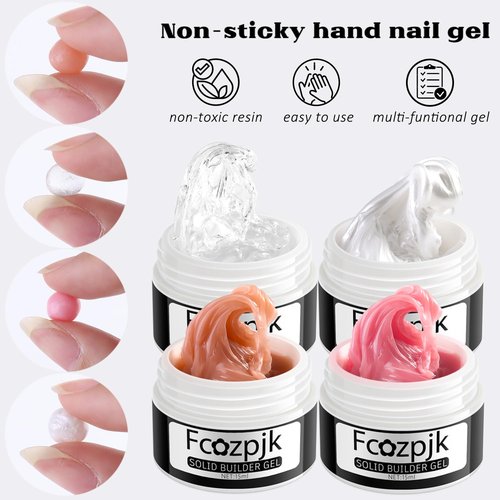 Fcozpjk Solid Builder Gel for Nails, 4 Colors Solid Builder Gel Non-Sticky Clear Nude Pink Pearl White Hard Gel for Nails 3D Sculpture Gel Flower Carving Modeling Design Nail Extension Gel Kit