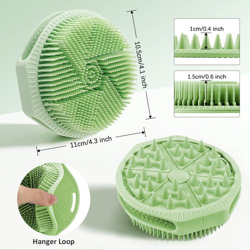 Mabnuby 2 Pack Silicone Body Scrubber, Exfoliating Silicone Loofah Shower Scrubber for Men & Women, 2-in-1 Food-Grade Antibacterial Dual-Sided Bath & Shampoo Brush for Sensitive Skin, Purple + Green