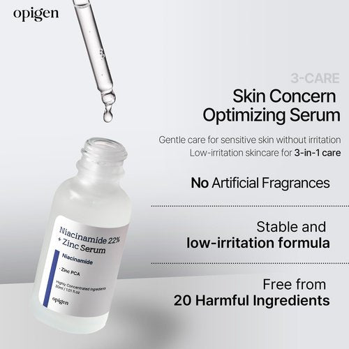 opigen Niacinamide 22% + Zinc Serum for Face, Pore Reducer, Diminishes Acne Prone, Skin Balancing Pore Reducing, Korean Skin Care, 1oz