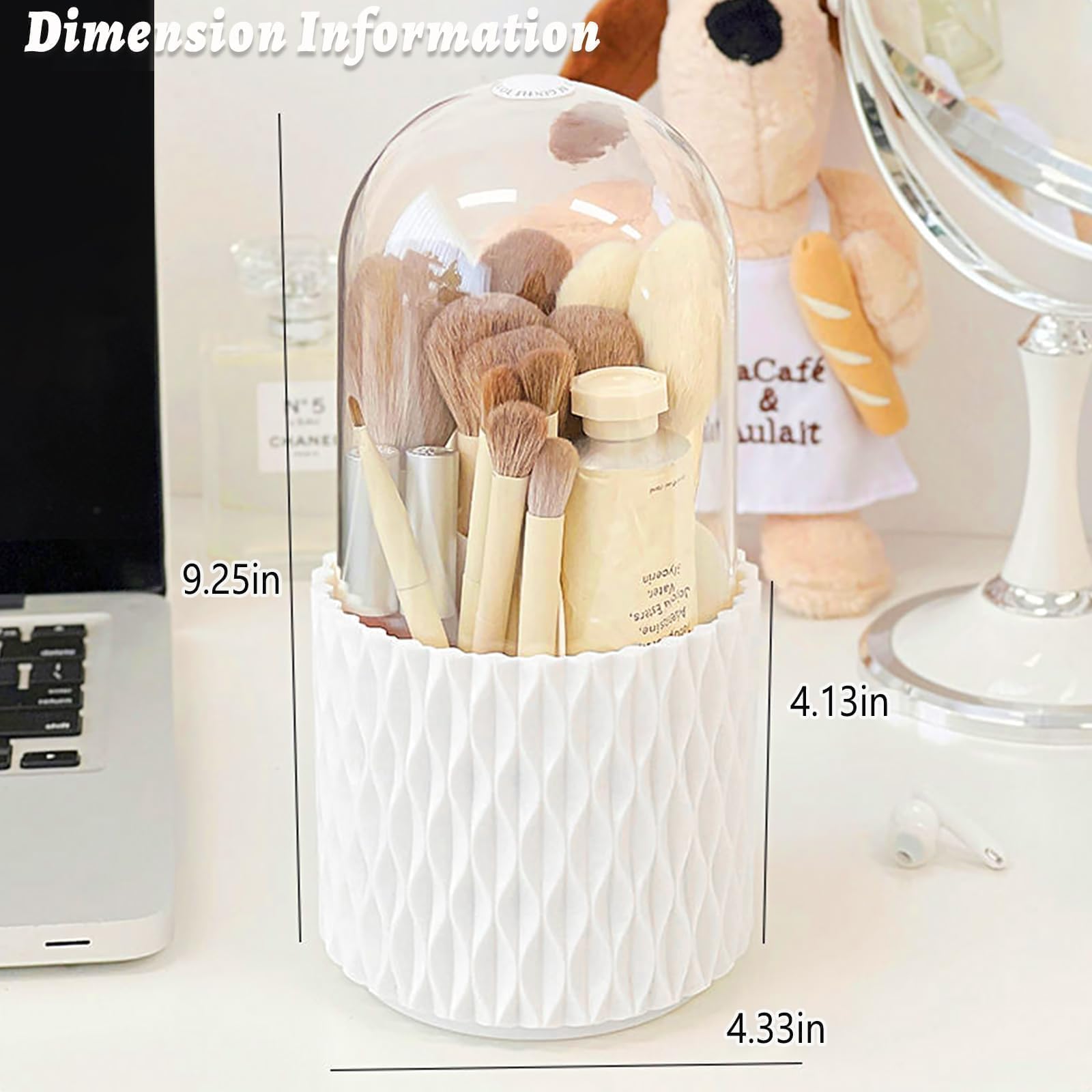 VNIMTI 360°Smooth Rotating Makeup Brush Holder with Dustproof Lid Spinning Vanity Organizer for Beauty Lipstick Perfume,Brushes Storage Container,Countertop,Dressing Table,Bathroom Desk (White)