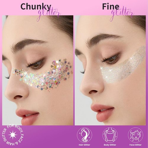 Teenitor Face Glitter Gel Set - 2 Versatile 20g/0.7oz Body & Hair Glitter Gels in White for Makeup