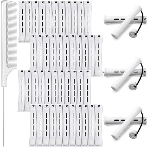 Skiennix 48 Plastic Hair Perming Rods - Curlers with Steel Pintail Comb | White, 0.63 Inch (1.6 cm)