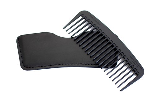 Chicago Comb Model 10 Carbon Fiber + Black Horween Leather Sheath, Wide Tooth, Made in USA