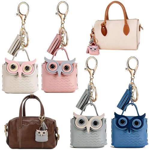 4 PCS Owl Backpack Keychain Mini PU Leather Key Chain Cute Tassel Keyring Metal Snap Small Button Change Wallet Bags for Women Cosmetic Bag Data Cable Organizer Creativity Valentine's Day Present