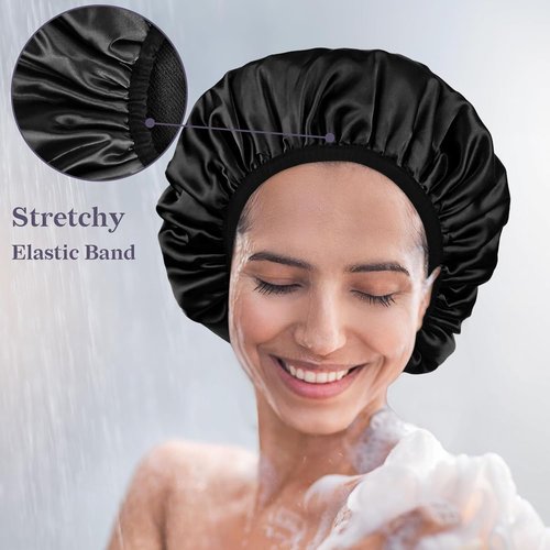 Skiennix Satin Shower Cap - Three-Layer Terry Cloth Lined, Waterproof & Reusable for Long Thick Hair | Black